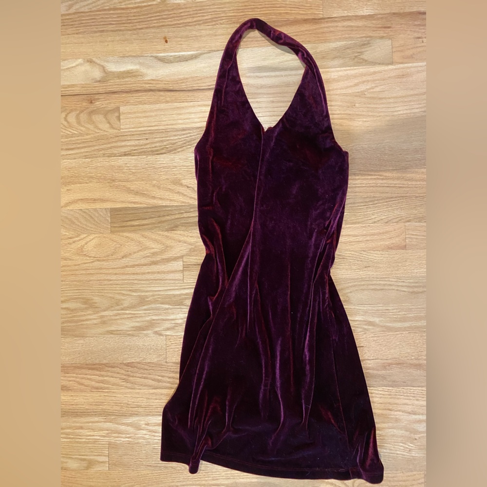 Vintage 90s-00s Grunge Burgundy Velvet Halter Mini Dress